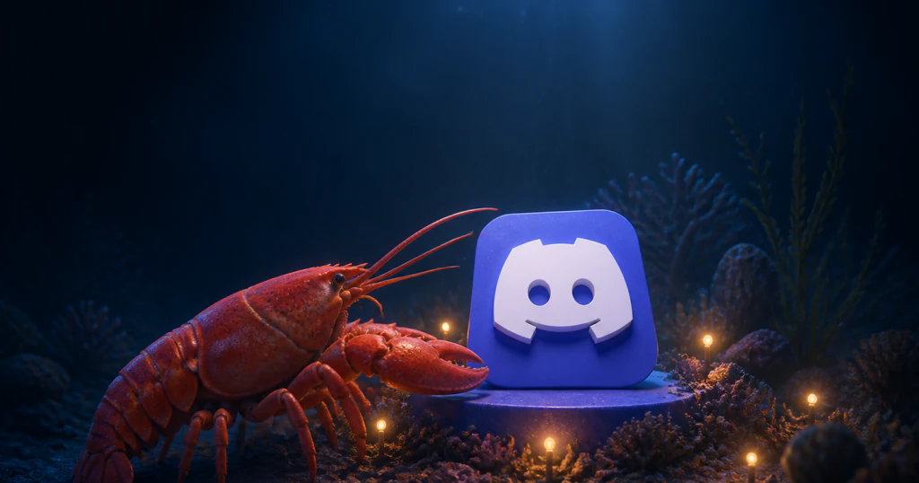 A lobster beside the Discord mark on a lit seafloor pedestal